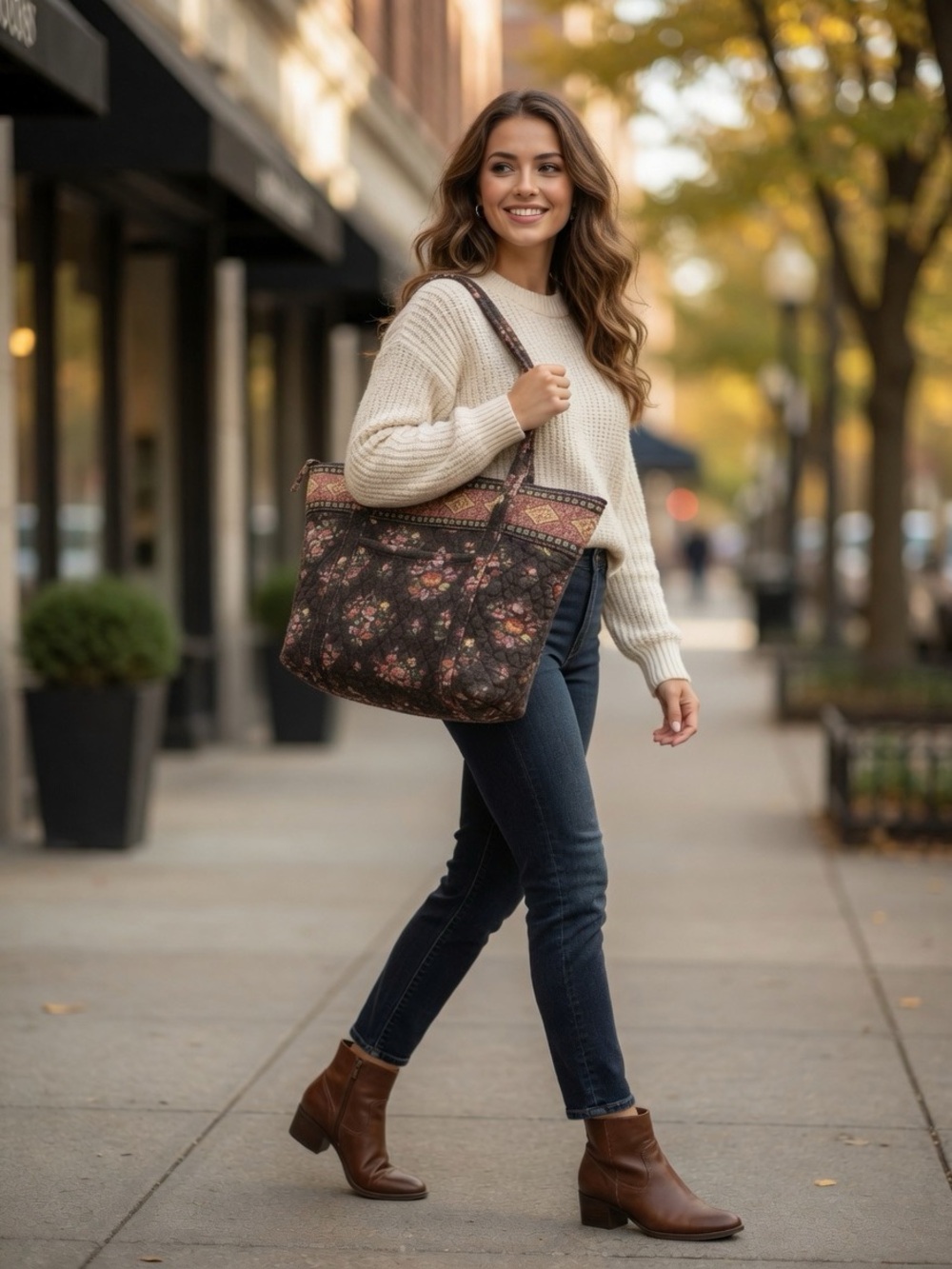 Vera Bradley Black Quilted Floral Tote with Pink & Yellow Accents